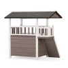 2-Tier Outdoor Wooden Dog House, Weatherproof Dog Hutch with A Large Balcony, Sisal Scratching Pad Ladder, Gift for Pets, Gray and White