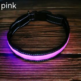 LED Luminous Dog Collar Highlight Reflective Leather Reflective Stripe Ribbon (Option: Pink-L)