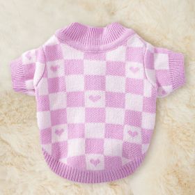 Dog Striped Knitted Sweater Cardigan Clothing (Option: Pink Checkerboard Grid-XS)