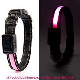 Solar And USB Rechargeable Light Up Pet Collar Waterproof LED Dog & Cat Collars For Night Walking (Color: Pink)