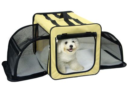 Pet Life Capacious Dual-Expandable Wire Folding Lightweight Collapsible Travel Pet Dog Crate (Color: Khaki)